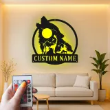 Custom Wolf Howling Led Light Metal Wall Art Personalized Gift for Nature Lovers Rustic Cabin Decor