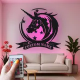 Cartel de metal LED personalizado de unicornio, regalo para decoración mágica de habitación infantil