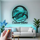 Art Murale en Métal Tortue de Mer LED | Panneau de Nom Personnalisé | Décor Nautique de Plage | Silhouette de Faune Marine sur Mesure