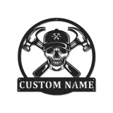 Custom Skull Hammer Metal Sign | LED Workshop Decor for Garage | Personalized Carpenter Name Plaque | Handyman Gift