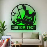 Personalized Police Gear Metal Sign | LED Law Enforcement Wall Art | Custom Officer Name Plaque | Cop Retirement & Academy Gift