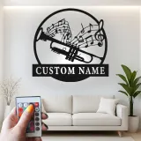 Décoration murale en métal personnalisée avec rétroéclairage LED - Cadeau pour musiciens - Décor de salle de musique avec notes de musique et trompette