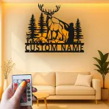 Custom Hunter and Deer Led Light Metal Wall Art Personalized Gift for Outdoorsmen Cabin or Man Cave Decor