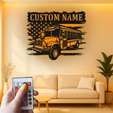 Personalized School Bus Driver LED Sign | American Flag Metal Wall Art | Custom Name Gift for Garage or Office Decor
