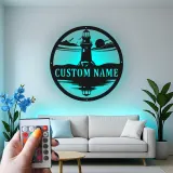 Panneau en métal phare LED personnalisé | Art mural nautique personnalisé | Décor côtier et maison de plage