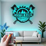 Custom Lumberjack Axe Metal Sign with LED | Personalized Forest Wall Art | Rustic Cabin & Man Cave Decor