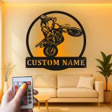 Custom Motocross Rider Led Light Metal Wall Art Personalized Gift for Dirt Bike Enthusiasts Garage Decor