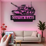 Arte in Metallo Tank Militare | Insegna LED Personalizzata con Nome per Soldato | Decorazione per Man Cave e Garage