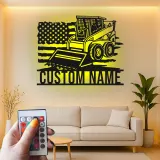 Skid Steer Loader Metalltafel | Personalisierte LED-Wandkunst | Individuelle Dekoration für Baumaschinen | Garage & Werkstatt-Schild mit USA-Flagge
