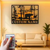 Custom Bear Forest Scene Led Light Metal Wall Art Personalized Wildlife Gift Cabin Decor for Nature Lovers