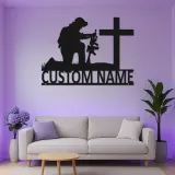 Kneeling Soldier Memorial Sign | Personalized LED Metal Art for Veterans | Custom Military Tribute | Christian Cross Wall Decor