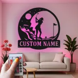 Personalized Golfer LED Sign | Custom Metal Wall Art for Home & Office | Golf Lover Gift