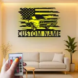 Custom Muscle Car Metal Sign | American Flag LED Wall Art | Personalized Garage Decor | Retro Auto Man Cave Gift
