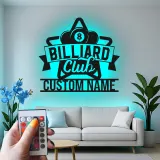 Custom Billiard Club Led Light Metal Wall Art Personalized Gift for Pool Players Game Room Decor