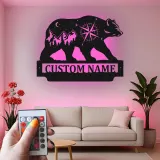 Custom Bear and Compass Led Light Metal Wall Art Personalized Gift for Nature Lovers Cabin or Lodge Decor