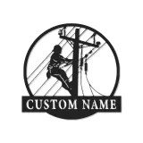 Décoration murale LED en métal Lineman | Silhouette d’électricien personnalisée | Panneau prénom sur mesure pour agent de réseau | Déco powerline
