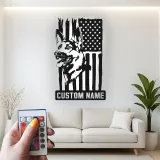 Arte murale LED in metallo con Pastore Tedesco | Insegna personalizzata con nome del cane | Decorazione patriottica con bandiera americana per casa o ufficio