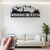 Décoration murale LED en métal pour pêcheur personnalisée | Plaque au prénom du pêcheur pour maison de lac | Cadeau pour amateur de plein air