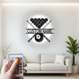 Arte murale in metallo LED Biliardi Personalizzata | Insegna per sala giochi di Pool Room | Decorazione illuminata 8 Ball e Stecca | Regalo per sala giochi per lui