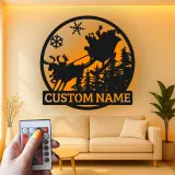 Cartel de metal personalizado de trineo de Santa | Arte mural navideño LED | Decoración navideña personalizada para el hogar | Silueta de reno con nombre