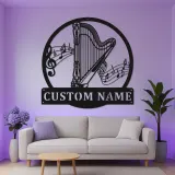 Insegna in metallo personalizzata con arpa | Decorazione LED per sala musica | Targa con nome per musicisti | Regalo per amanti dell’orchestra