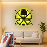 Cartel de metal personalizado de hockey | Luz LED con nombre para habitación infantil | Regalo para jugador de hockey | Decoración mural para cueva masculina