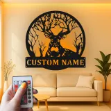 Insegna in metallo LED personalizzata con cervo e foresta, regalo per amanti della natura, decorazione rustica per cabin