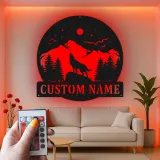 Custom Wolf Mountain Scene Led Light Metal Wall Art Personalized Gift for Nature Lovers Rustic Cabin Decor