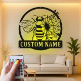 Custom Bee and Flower Led Light Metal Wall Art Personalized Garden Lover Gift Outdoor Patio Decor