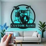 Insegna in metallo LED a forma di set di tamburi personalizzata Regalo per musicisti Decorazione per studio musicale o camera da letto