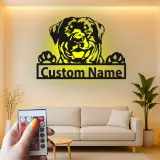 Insegna in metallo personalizzata con Rottweiler | Insegna con nome del cane con luce LED | Regalo per amanti degli animali e decorazione moderna per la casa