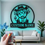 Cartel de metal LED de vaca de vaquero personalizado, regalo de granja para decoración de guardería o habitación infantil