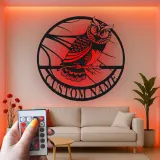 Great Horned Owl Metal Wall Art | Personalized LED Name Sign | Custom Bird Silhouette Decor for Home & Office | Nature Lover Gift