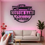 Enseigne LED en métal voiture classique personnalisée | Déco de garage vintage personnalisée | Art mural rétroéclairé pour man cave | Cadeau unique pour passionnés d’auto