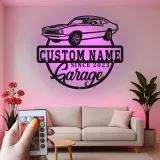 Décoration murale en métal personnalisée avec rétroéclairage LED de voiture classique - Cadeau de garage pour lui