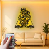 Gothic Skull & Snake LED Metal Wall Art | Personalized Tattoo Studio Decor | Custom Name Sign for Home Bar