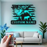 Cartel de metal personalizado de alce con LED | Decoración mural de vida salvaje personalizada para cabañas y lodges | Regalo rústico para cazadores con bandera americana