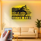Décoration murale en métal personnalisée avec éclairage LED Lutte Américaine Drapeau Cadeau Sportif Personnalisé pour Athlètes Décor de Gym ou de Chambre