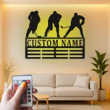 Panneau prénom hockey personnalisé | Décoration murale en métal LED pour salle de jeux | Silhouette de joueur personnalisée | Cadeau pour amateur de sport