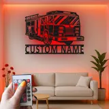 Cartel de metal de camión de bomberos personalizado | Arte mural LED personalizado para regalo de bombero | Decoración de estación de bomberos y man cave