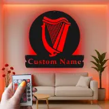 Enseigne LED personnalisée en forme de harpe | Décoration murale en métal sur mesure pour bar à domicile et pub | Plaque prénom pour musicien | Décor de bar inspiré de l’Irlande