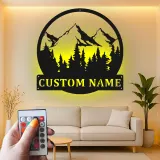 Personalized Mountain Metal Wall Art | LED Backlit Nature Scene for Cabin Decor | Custom Family Name Sign