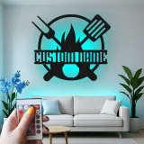 Insegna in metallo personalizzata con BBQ Grill e luce LED regalo personalizzato per maestro della griglia decorazione per patio all'aperto