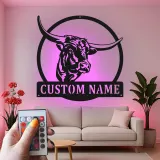 Décoration murale en métal personnalisée avec longhorn et rétroéclairage LED - Cadeau pour rancher, décoration de style western pour la maison