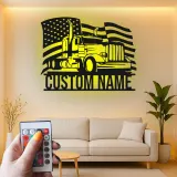 Personalized Semi Truck Metal Art | LED American Flag Sign | Patriotic Trucker Decor & Gift for Man Cave | Laser Cut Steel