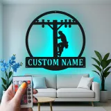 Enseigne en métal personnalisée pour lineman | Décoration murale LED pour électricien | Déco de poteau électrique pour garage ou bureau