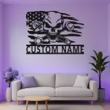 Panneau de garage mécanicien personnalisé | Art mural en métal crâne avec LED | Décor de cave à vin avec drapeau américain | Cadeau pour lui