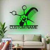 Personalized Pet Groomer Sign | Custom Metal LED Wall Art | Grooming Salon Decor with Name | Scissors & Comb Logo