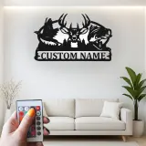Cartel LED de escena de caza personalizado | Silueta de ciervo, pez y faisán de metal | Decoración personalizada para cabañas de vida silvestre | Regalo premium para cazadores