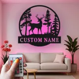 Insegna in metallo LED personalizzata con cervo e foresta, regalo per amanti della natura, decorazione rustica per soggiorno